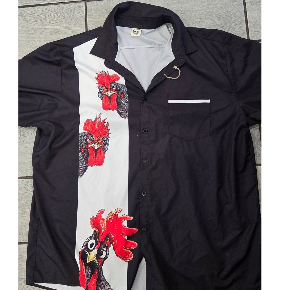 Hardaddy Mens XXL Black Rooster Graphic Button Down Shirt Short Sleeve 1475226#